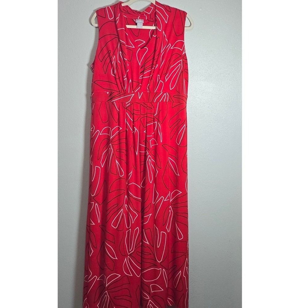 Chicos Red Abstract Leaf Print Sleeveless V-Neck Maxi Dress Size 2 US 12/14